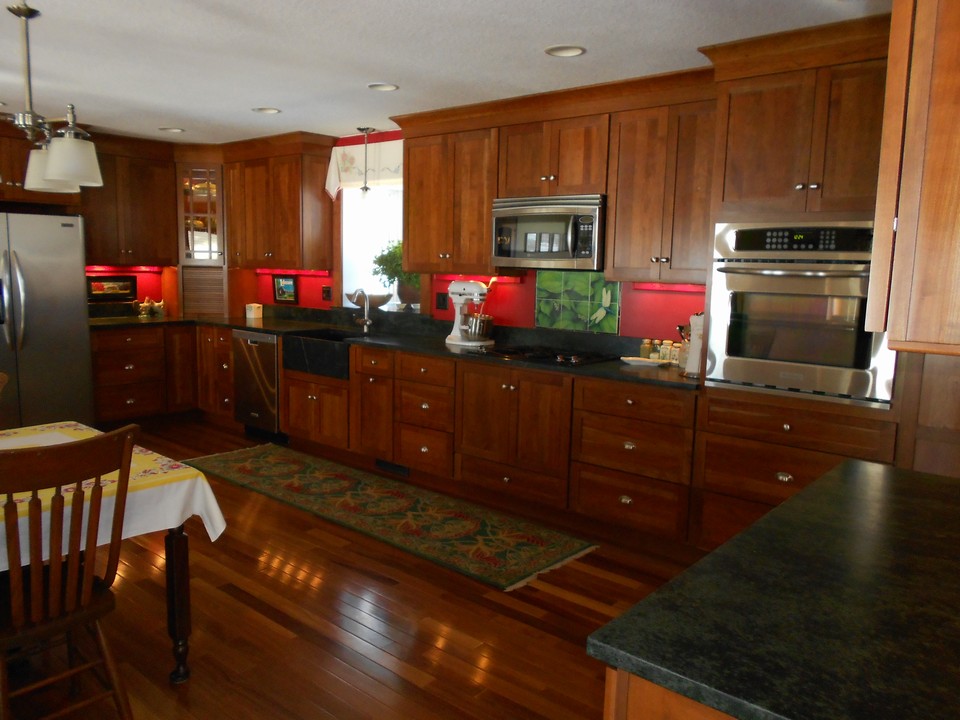 kitchen.  cherry cupboards and soapstone counters.