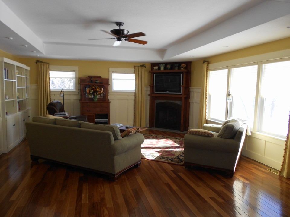 living room with recessed ceiling.  brazilian teak hardwood floors.