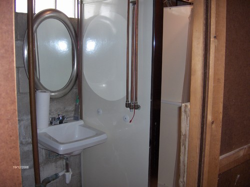 basement bathroom with shower.
