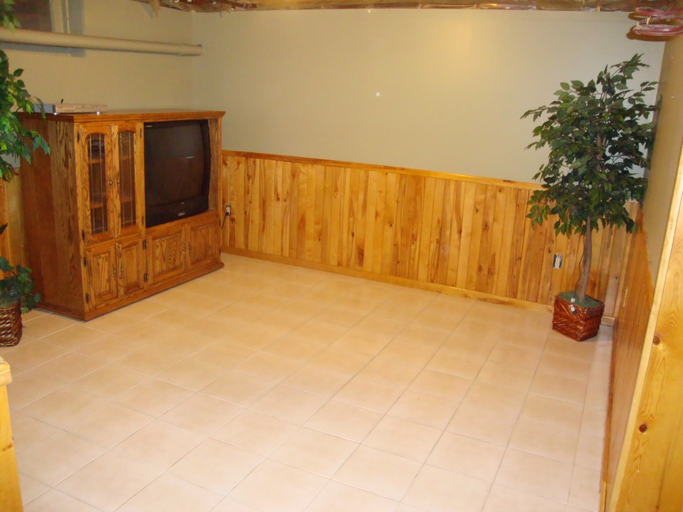 living room in basement