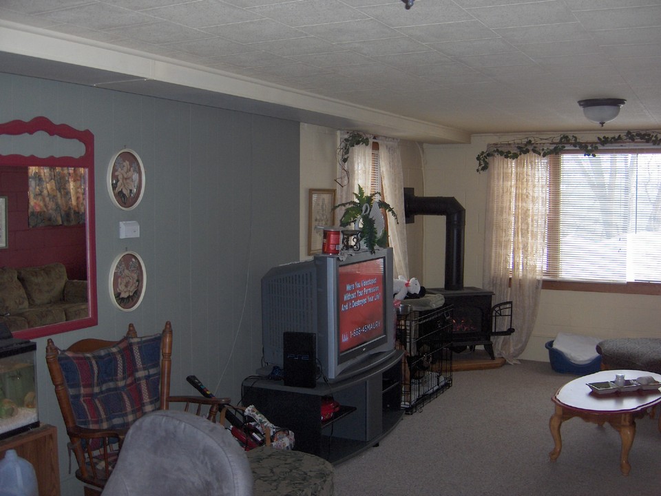 basement living room lots of windows and a gas fireplace