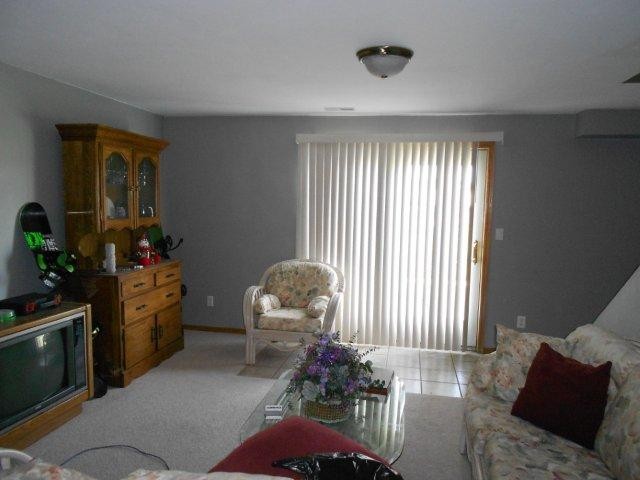 basement living room with walkout patio door