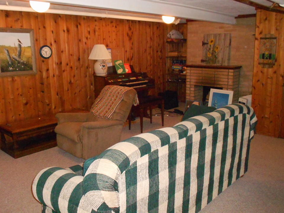 basement family room with fireplace