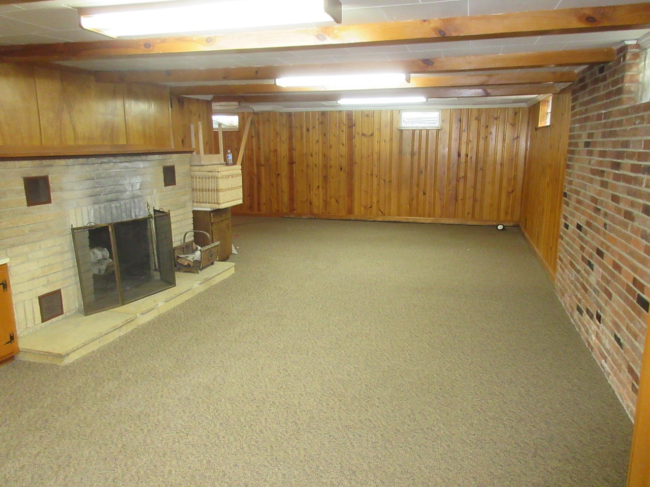 basement family room with fireplace
