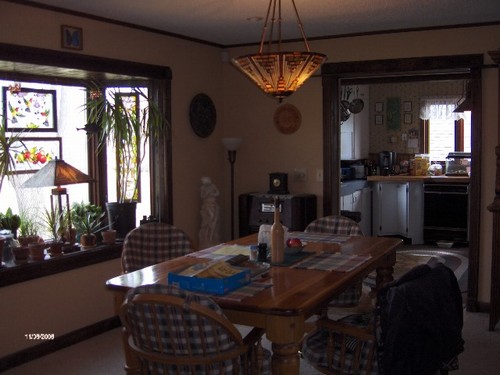 dining room with bay window.